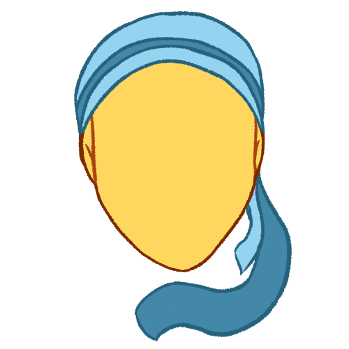a person wearing a tichel, depicting just a head from the front without any facial features. the tichel is wrapped around the back of their head with one ribbon in the middle of it and a tail going under their chin, with a shorter tail on top of the longer one. the tichel is light blue with a dark blue ribbon.